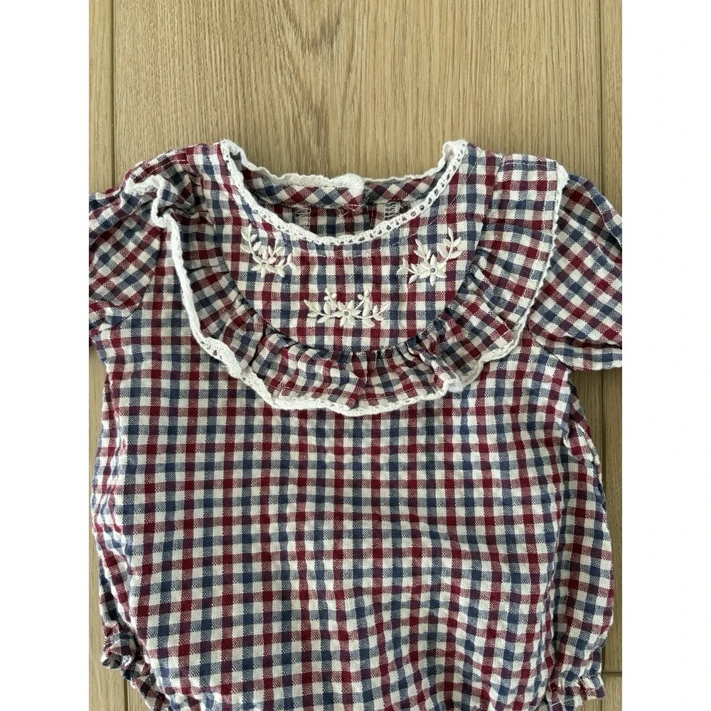 Nicole Miller‎ Gingham Ruffle Long Sleeve Romper Red Blue 0/3M Cotton Blend